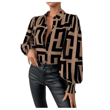 SweatyRocks Women's Graphic Print Long Lantern Sleeve Blouse Shirt Top - Khaki L