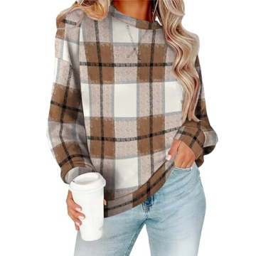 RUMIA Womens Ladies Casual Long Sleeve Crewneck Sweatshirt Loose Fit Plaid Basic Pullover Tunic T Sh...