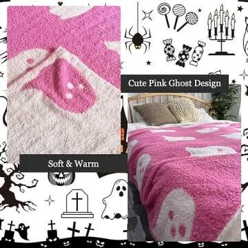 iBedding Cute Halloween Pink Ghost Blanket Room Decor Aesthetic Blankets for Couch Bed Sofa Reversible Plush Super Soft Throw Blanket for All Seasons,Double Print,39"x59"