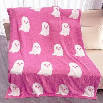 iBedding Cute Halloween Pink Ghost Blanket Room Decor Aesthetic Blankets for Couch Bed Sofa Reversible Plush Super Soft Throw Blanket for All Seasons,Double Print,39"x59"