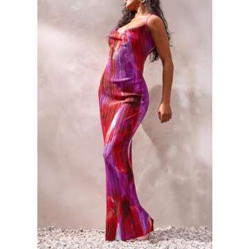 LASPIA Cowl Neck Dress Strap Shoulder Pleated Maxi Dresses Summer Wedding Guest Dresses for Women,Fuchsia Purse,X-Large