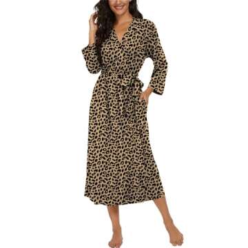 VINTATRE Women Kimono Robes Long Knit Bathrobe Lightweight Soft Knit Sleepwear V-neck Casual Ladies Loungewear FP-Leopard Khaki-Medium