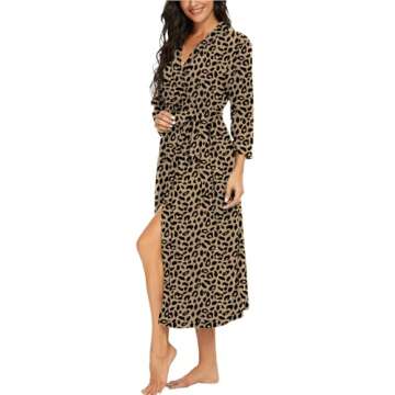 VINTATRE Women Kimono Robes Long Knit Bathrobe Lightweight Soft Knit Sleepwear V-neck Casual Ladies Loungewear FP-Leopard Khaki-Medium