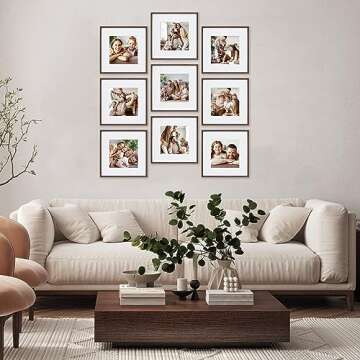 Camden Reed 9 Piece Gallery Wall Frame Set, matted frames feature Photograph or Art Print, 8x8, Dark Brown Woodgrain Finish