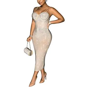 Elegant JUNBOON Rhinestone Embellished Midi Dress for Women - Sparkly Style