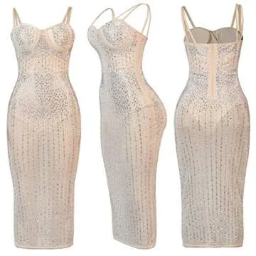 JUNBOON Sparkly Rhinestone Bodycon Midi Dress for Women