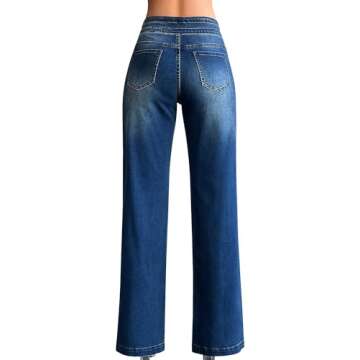 roswear Women’s Wide Leg Jeans Casual High Waisted Stretch Baggy Loose Denim Pants Blue Large