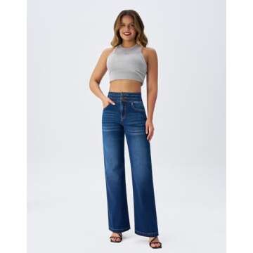 roswear Women’s Wide Leg Jeans Casual High Waisted Stretch Baggy Loose Denim Pants Blue Large