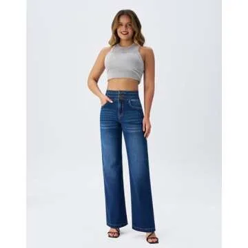 roswear Women’s Wide Leg Jeans Casual High Waisted Stretch Baggy Loose Denim Pants Blue Large
