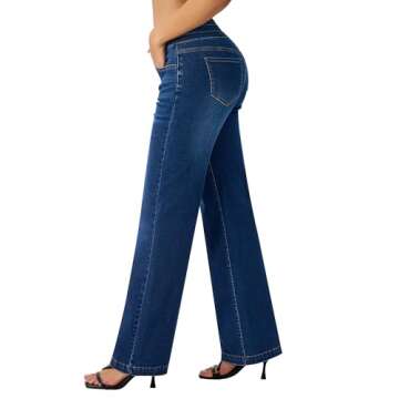 roswear Women’s Wide Leg Jeans Casual High Waisted Stretch Baggy Loose Denim Pants Blue Large