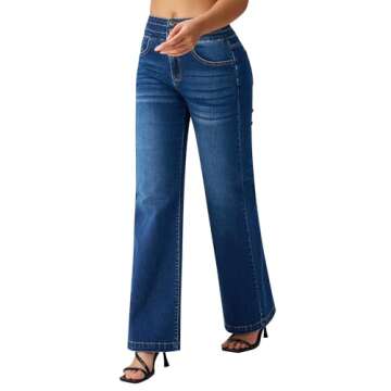 roswear Women’s Wide Leg Jeans Casual High Waisted Stretch Baggy Loose Denim Pants Blue Large