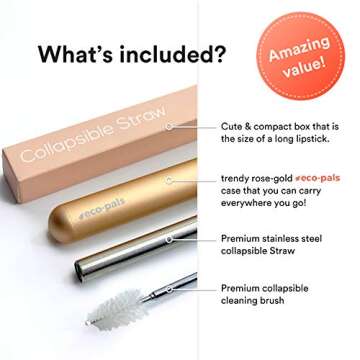 Eco-Pals | Collapsible Straw, Reusable Straws with Case Stainless Steel Metal Straws Folding Straw Drinking +1 Cleaning Brush (Rose Gold)