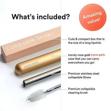 Eco-Pals | Collapsible Straw, Reusable Straws with Case Stainless Steel Metal Straws Folding Straw Drinking +1 Cleaning Brush (Rose Gold)