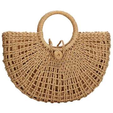Hand-woven Straw Large Hobo Bag for Women Round Handle Ring Toto Retro Summer Beach Straw Bag (Brown...