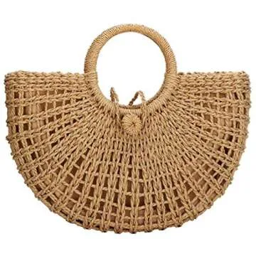 Hand-woven Straw Large Hobo Bag for Women Round Handle Ring Toto Retro Summer Beach Straw Bag (Brown...