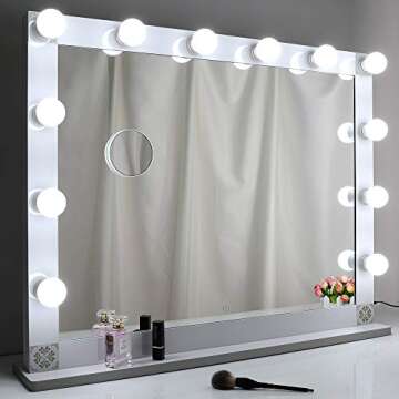 Nitin Hollywood Style Lighted Vanity Mirror, Tabletop Makeup Mirror with Dimmer Lights, Touch Control Large Cosmetic Mirror (White)