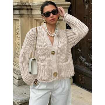 Ogfao Cardigan Sweaters for Women Chunky Cropped Cardigan Sweater Open Front Button Down Knit Cardig...