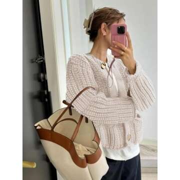 Ogfao Cardigan Sweaters for Women Chunky Cropped Cardigan Sweater Open Front Button Down Knit Cardigan Sweaters Outerwear Beige M