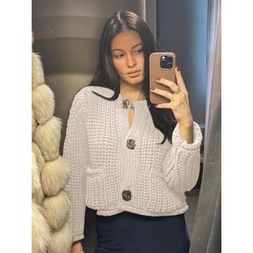 Ogfao Cardigan Sweaters for Women Chunky Cropped Cardigan Sweater Open Front Button Down Knit Cardigan Sweaters Outerwear Beige M