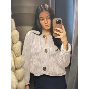 Ogfao Cardigan Sweaters for Women Chunky Cropped Cardigan Sweater Open Front Button Down Knit Cardigan Sweaters Outerwear Beige M