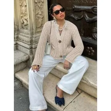 Ogfao Cardigan Sweaters for Women Chunky Cropped Cardigan Sweater Open Front Button Down Knit Cardigan Sweaters Outerwear Beige M