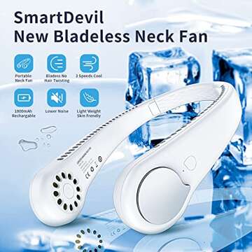 SMARTDEVIL Portable Neck Fan, Hands Free Bladeless Neck Fan, Rechargeable Battery Operated Wearable Personal Fan, 360° Cooling Hanging Neck Fan, 3 Speeds, 48 Air Outlet, for Travel, Outdoor (White)