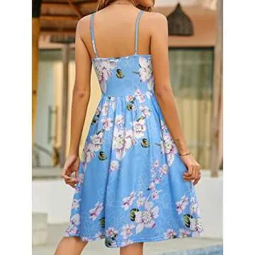 YATHON 2024 Casual Dresses for Women Sleeveless Cotton Summer Beach Dress A Line Spaghetti Strap Sundresses with Pockets (YT090-Floral Light Blue, l)