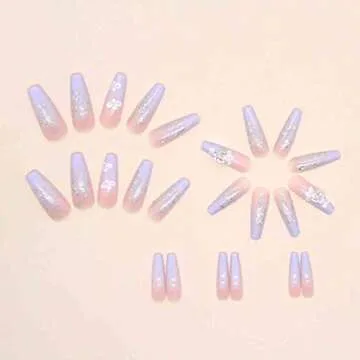 Foccna Purple Fake Nails Sequins Glitter Acrylic Flower Design Artificail Long Press on Nails, Purple Full Cover Fake Nails 3D Butterfly Rhinestone with Design Nail Tips for Women&Girls-24PCS