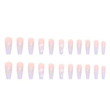 Foccna Purple Fake Nails Sequins Glitter Acrylic Flower Design Artificail Long Press on Nails, Purple Full Cover Fake Nails 3D Butterfly Rhinestone with Design Nail Tips for Women&Girls-24PCS