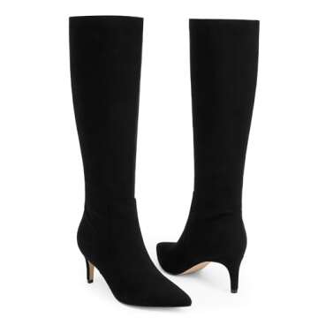 QIY Knee High Boots Black Heels Women Boots Pointed Toe Heeled Boots for Women Suede Boots Knee High Heeled Boots for Women Black Fall Boots Size 9