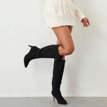 QIY Knee High Boots Black Heels Women Boots Pointed Toe Heeled Boots for Women Suede Boots Knee High Heeled Boots for Women Black Fall Boots Size 9