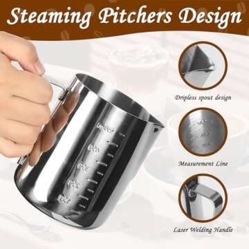 Milk Frother Cup 20 Oz, Milk Frothing Pitcher 304 Stainless Steel Steaming Jug with Clear Scale, Fro...