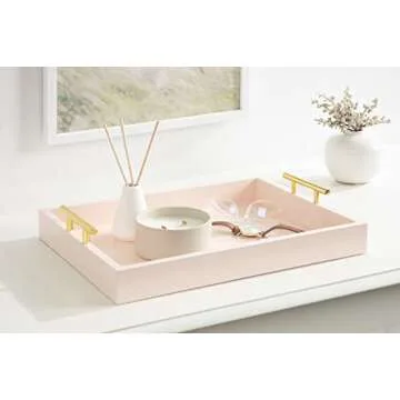 Kate and Laurel Lipton Decorative Tray with Polished Gold Metal Handles, Soft Pink