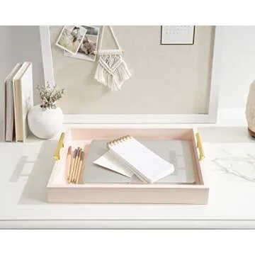 Kate and Laurel Lipton Decorative Tray with Polished Gold Metal Handles, Soft Pink