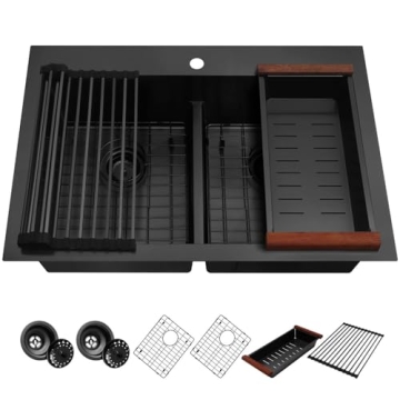 LQS Black Kitchen Sink, 33" x 22" Low-Divide Drop In Kitchen Sink, Handmade Deep Top Mount Kitchen S...