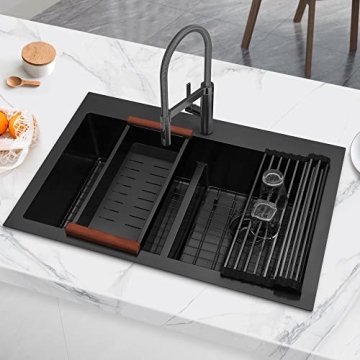 LQS Black Kitchen Sink 33" x 22" Low-Divide Style