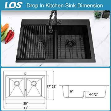 LQS Black Kitchen Sink 33" x 22" Low-Divide Style