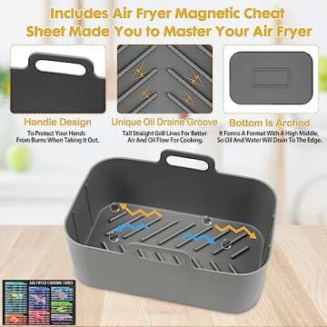 10QT Air Fryer Silicone Liners - 2Pcs Rectangular Airfryer Silicone Pot Baking Tray for Ninja Dual DZ401/DZ550 Reusable Replacement Basket Insert with Magnetic Cheat Sheet (2 Pcs Grey)
