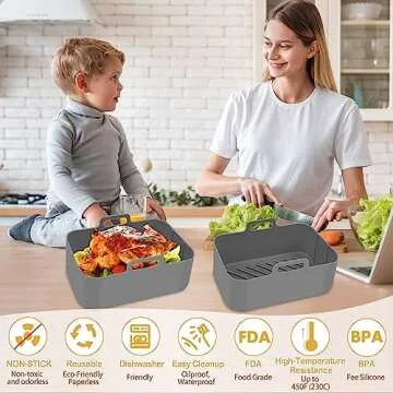 10QT Air Fryer Silicone Liners - 2Pcs Rectangular Airfryer Silicone Pot Baking Tray for Ninja Dual DZ401/DZ550 Reusable Replacement Basket Insert with Magnetic Cheat Sheet (2 Pcs Grey)