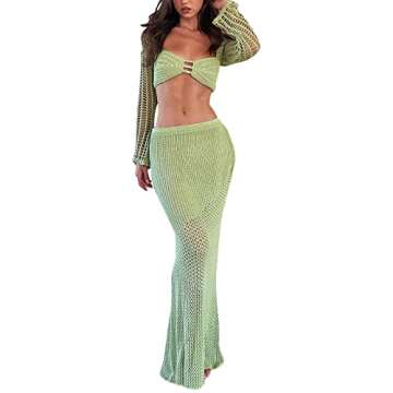 Tsnbre Knit Sets Two Piece Skirt Outfits for Women Hollow Out Long Sleeve Crop Top Bodycon Maxi Dres...