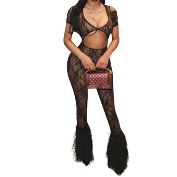 CALEBGAR Women Sexy See Through Lace Jumpsuits | Bodycon Mesh Rompers | Y2K Clubwear Black, XXL