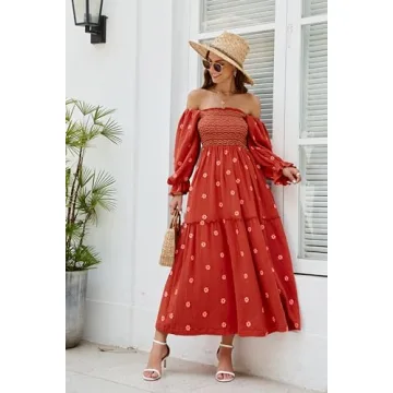 ABYOVRT Floral Embroidered Maxi Dress with Pockets