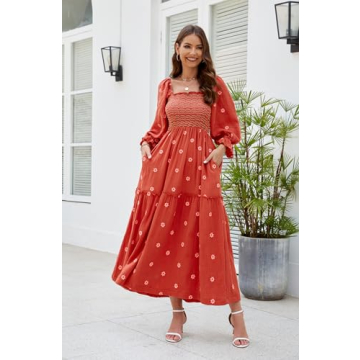 ABYOVRT Floral Embroidered Maxi Dress with Pockets