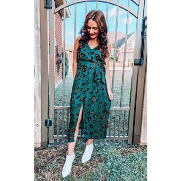 Angashion Women's Dresses - Sexy V Neck Spaghetti Strap Floral Leopard Printed Split Party Tulip Midi Dress with Belt 234 Green S