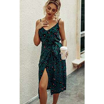 Angashion Women's Dresses - Sexy V Neck Spaghetti Strap Floral Leopard Printed Split Party Tulip Midi Dress with Belt 234 Green S