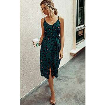 Angashion Women's Dresses - Sexy V Neck Spaghetti Strap Floral Leopard Printed Split Party Tulip Midi Dress with Belt 234 Green S