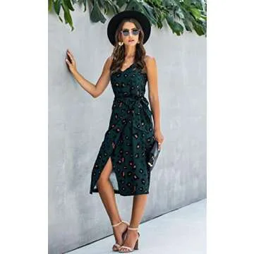 Angashion Women's Dresses - Sexy V Neck Spaghetti Strap Floral Leopard Printed Split Party Tulip Midi Dress with Belt 234 Green S