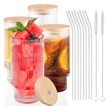 AKONEGE Ribbed Glass Cups with Lids and Straws Set