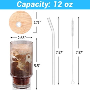AKONEGE Ribbed Glass Cups with Lids and Straws Set