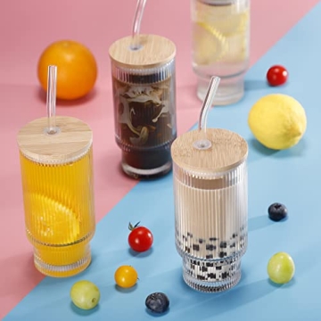 AKONEGE Ribbed Glass Cups with Lids and Straws Set